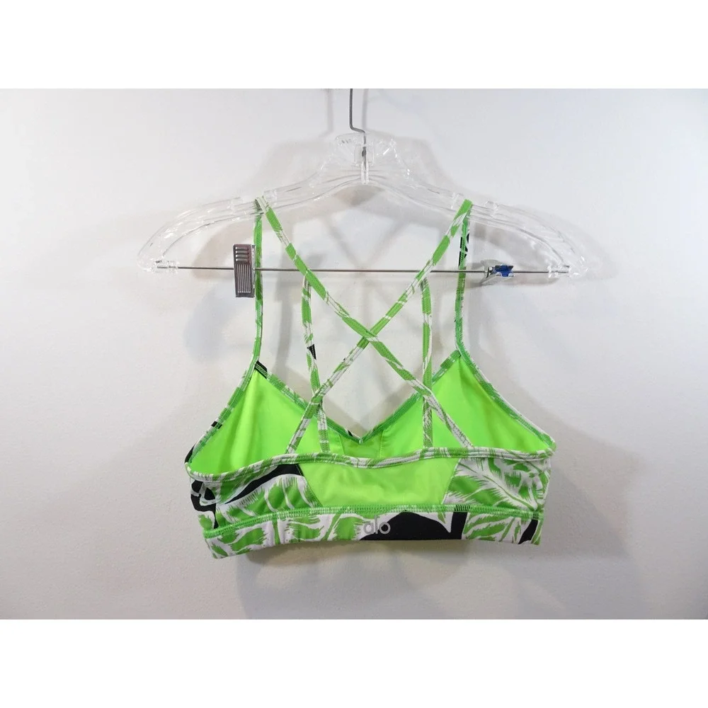Alo Yoga Womens Strappy Criss Cross Back Tropical Palm Print Sports Bra Green S